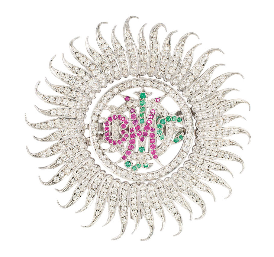 A large Art-Déco diamond ruby emerald brooch