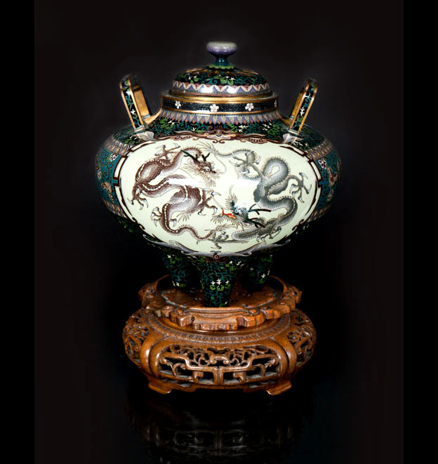 A cloisonne lidded tripod censer