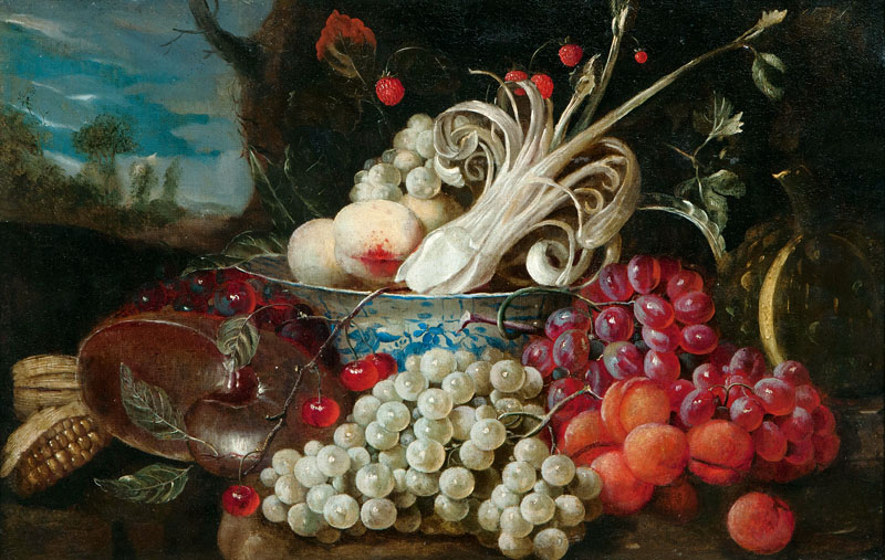 Jan Pauwel I. Gillemans - Stilleben mit Früchten, Nautilus und chinesicher Schale Stilleben mit Früchten, Nautilus und chinesicher Schale