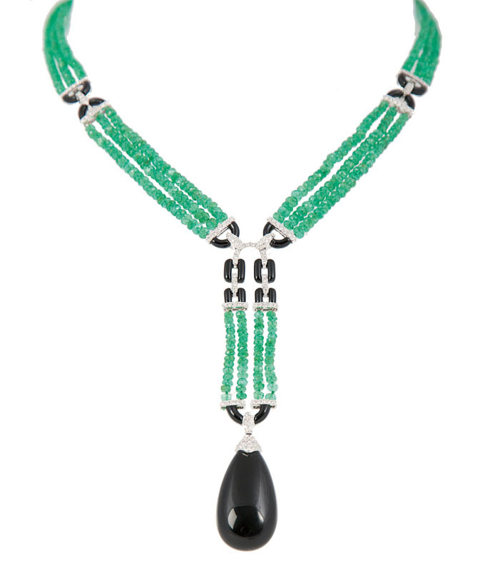 Farbfeines Smaragd-Onyx-Brillant-Collier im Art-Déco-Stil Farbfeines Smaragd-Onyx-Brillant-Collier im Art-Déco-Stil
