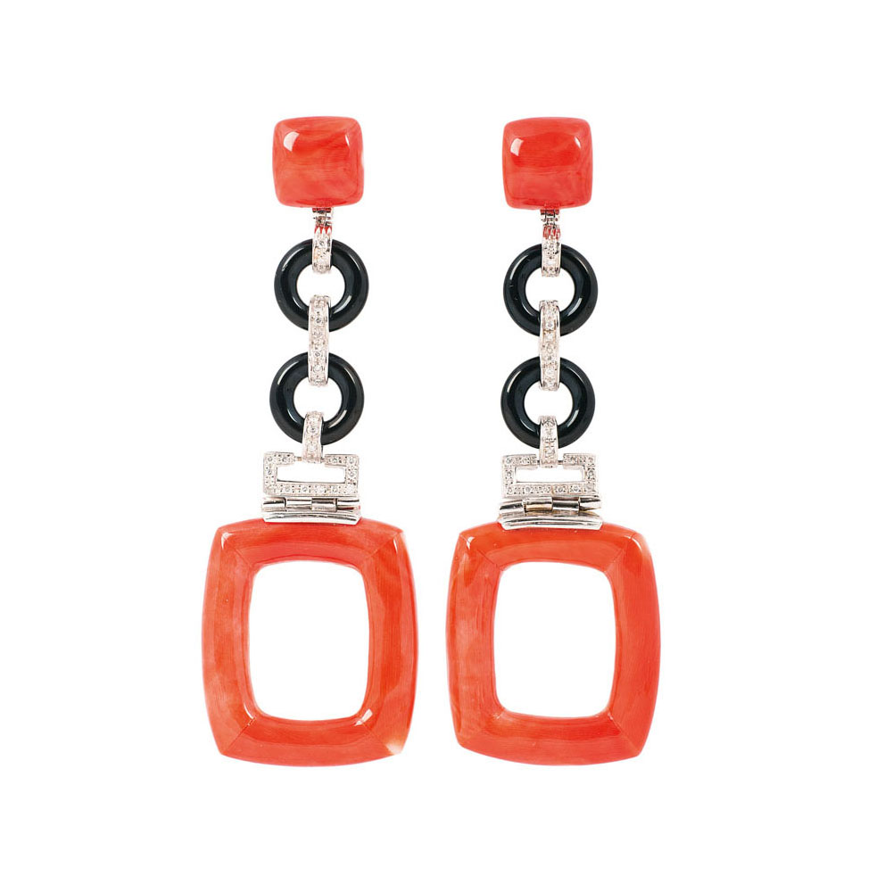 A pair of coral diamond onyx earpendants in Art-Déco style