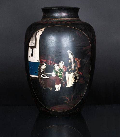 A large lidded vessel with lacquer painting