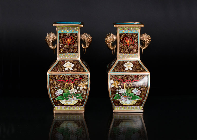 A pair of quatrefoil cloisonné vases