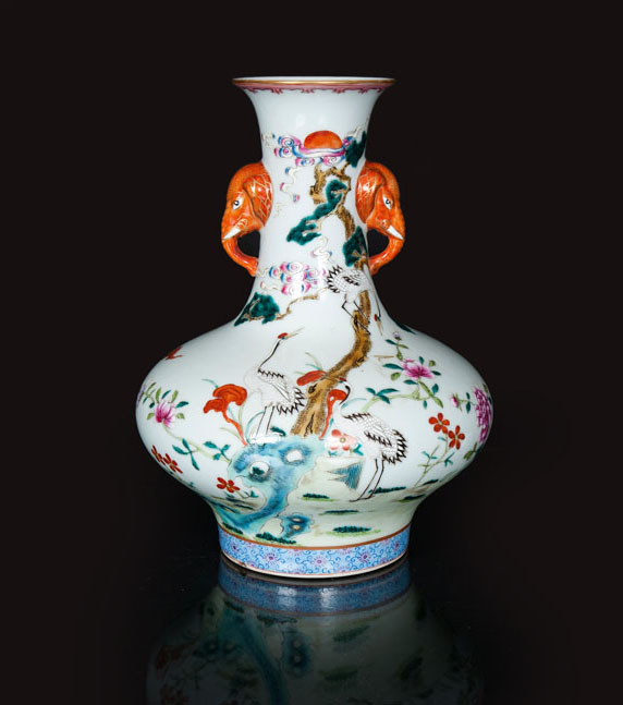 A famille rose vase with elephant-handles