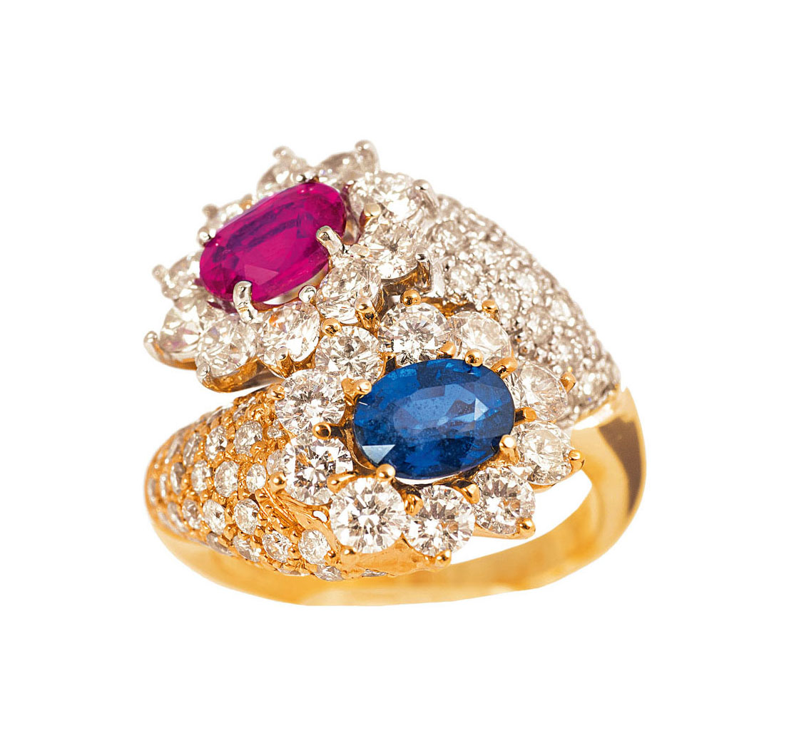 A highcarat diamond ruby sapphire ring