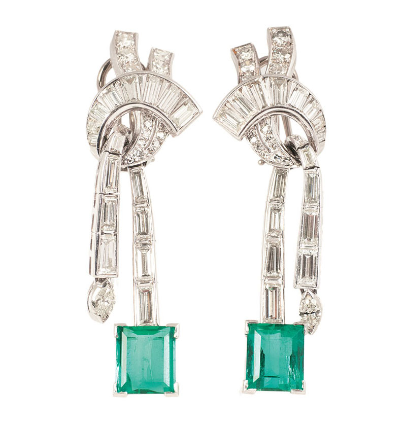 A pair of fine emerald diamond earpendants