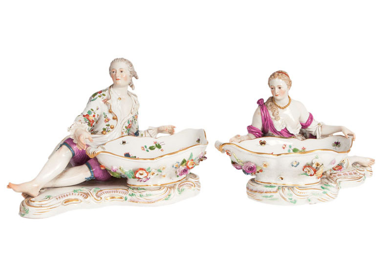A pair of decorative confectionary dishes with a lady and a cavalier and Ch'i-lin decor