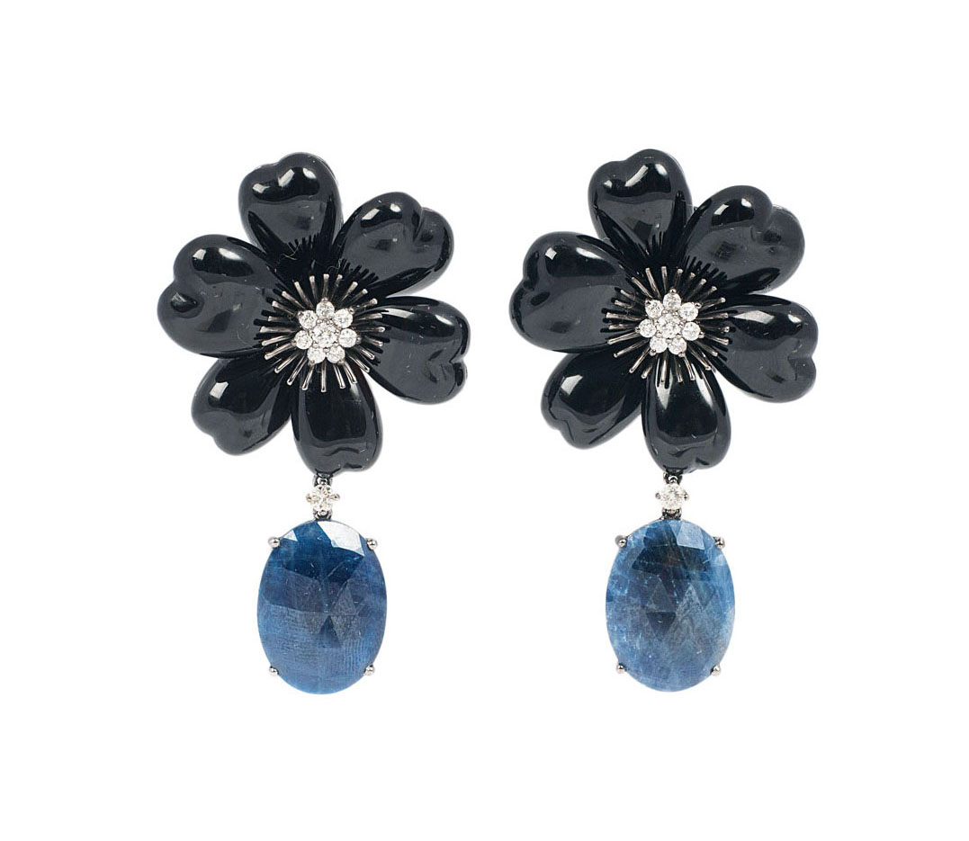 A pair of flower shaped onyx sapphire earpendants with diamonds