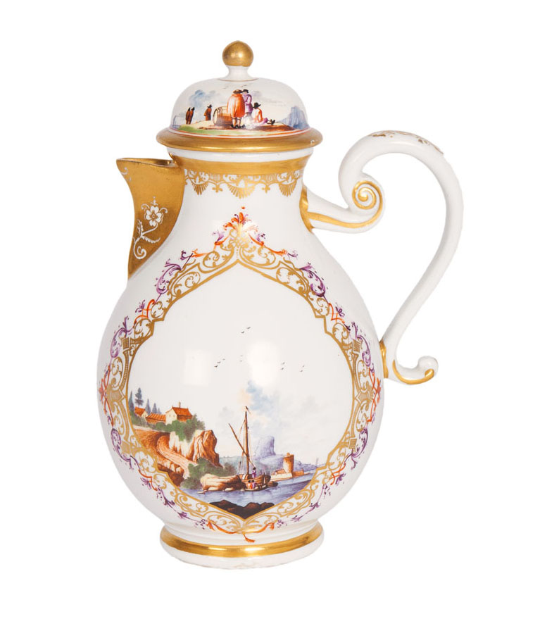 An early coffeepot with fine harbour scenes