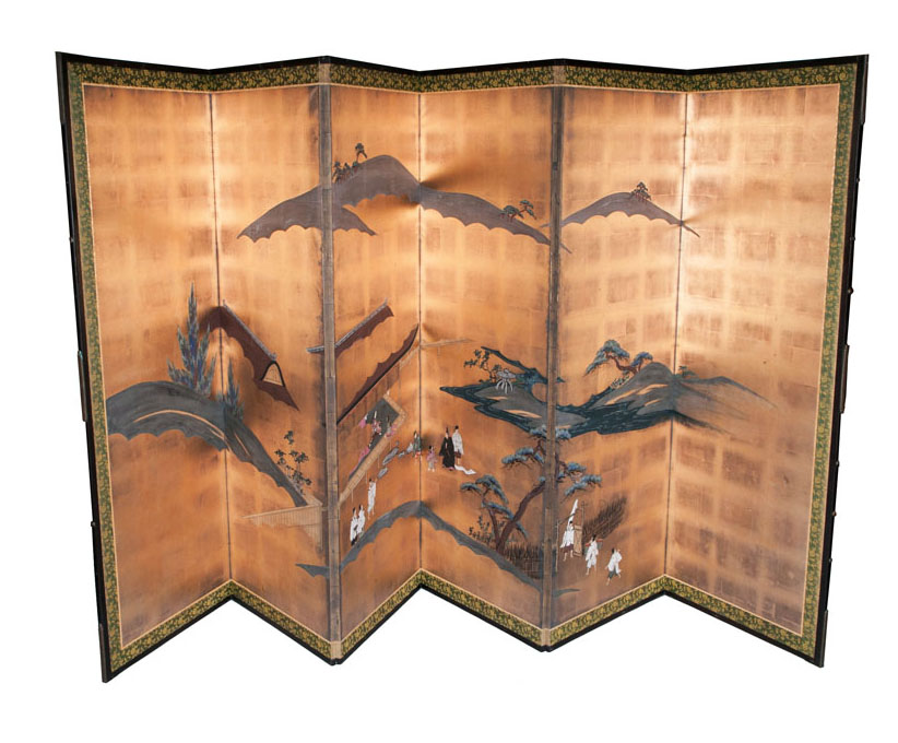Paar sechsteilige Stellschirme mit höfischen Szenen im Tosa-Stil