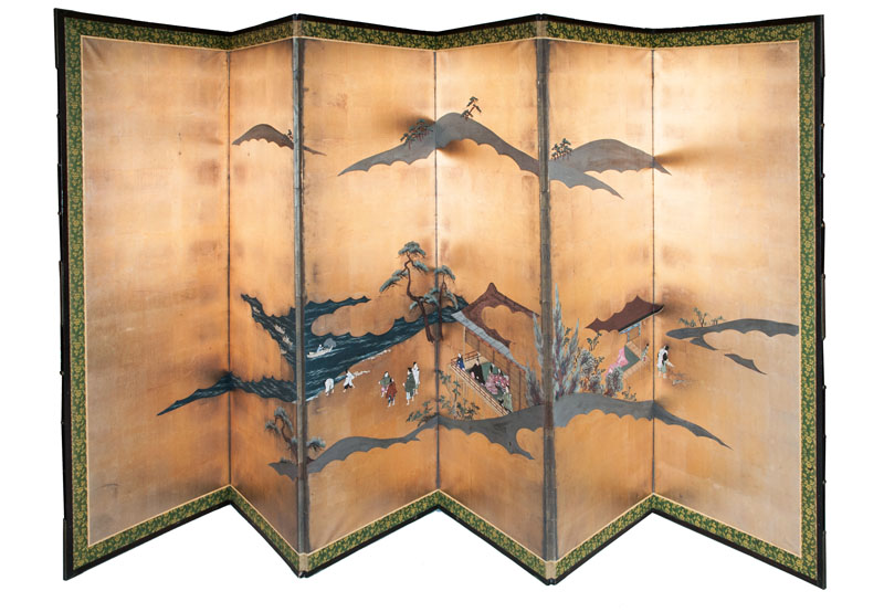 Paar sechsteilige Stellschirme mit höfischen Szenen im Tosa-Stil - Bild 2