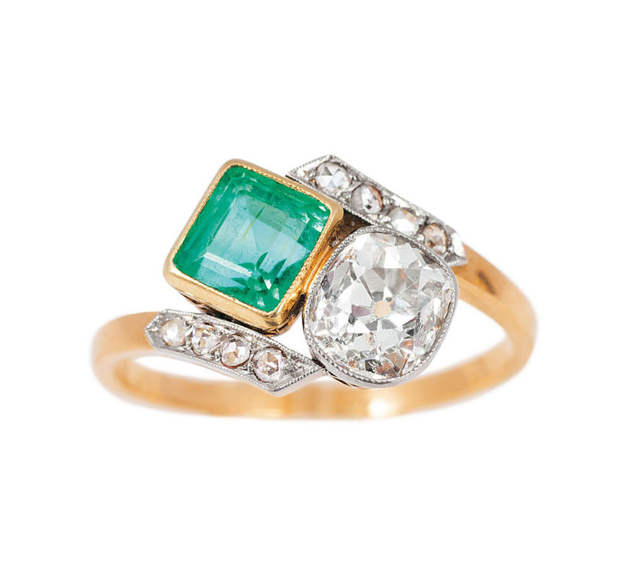 An Art Nouveau diamond emerald ring