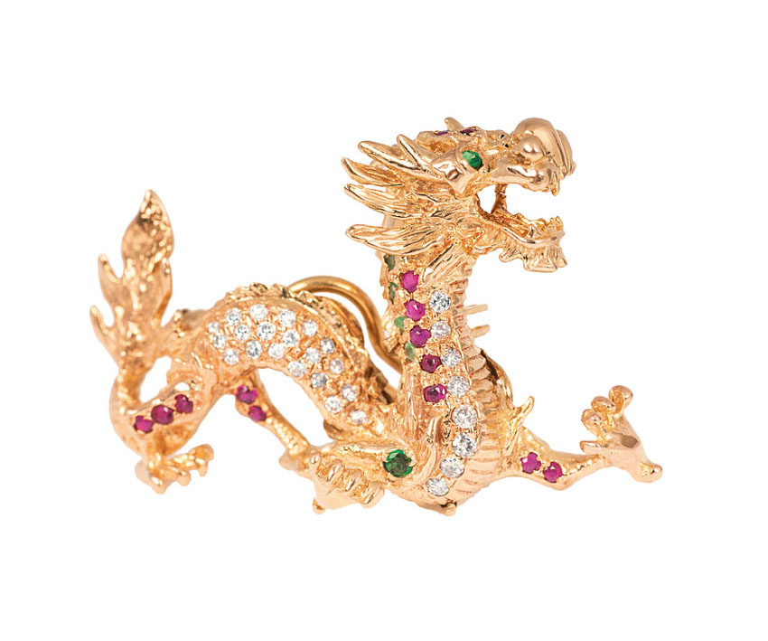 An extraordinary pendant 'Emporer Dragon' with diamonds, rubies and emeralds