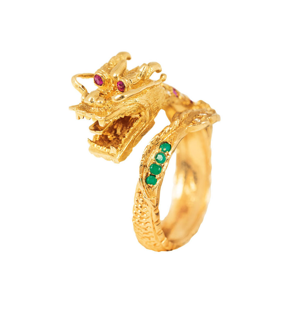 Gold-Ring 'Kaiserdrache' mit Brillant-Rubin-Smaragd-Besatz