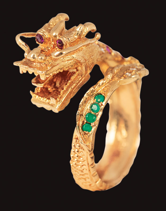 Gold-Ring 'Kaiserdrache' mit Brillant-Rubin-Smaragd-Besatz - Bild 2