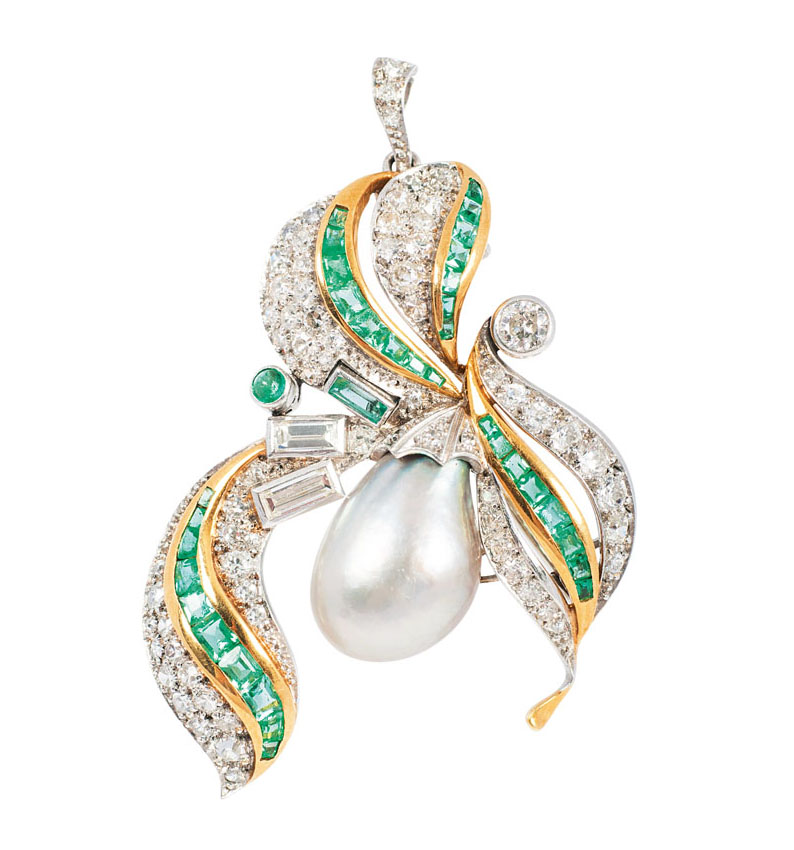 A rare natural pearl diamond emerald brooch