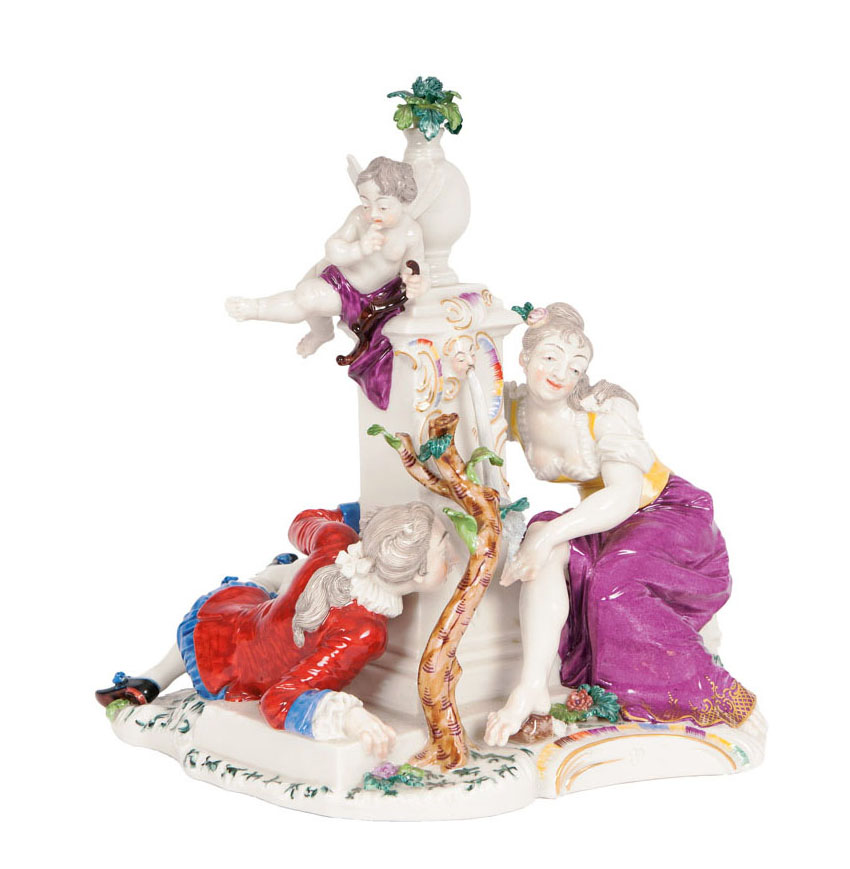 A Nymphenburg porcelain group 'The eavesdropper at the well'