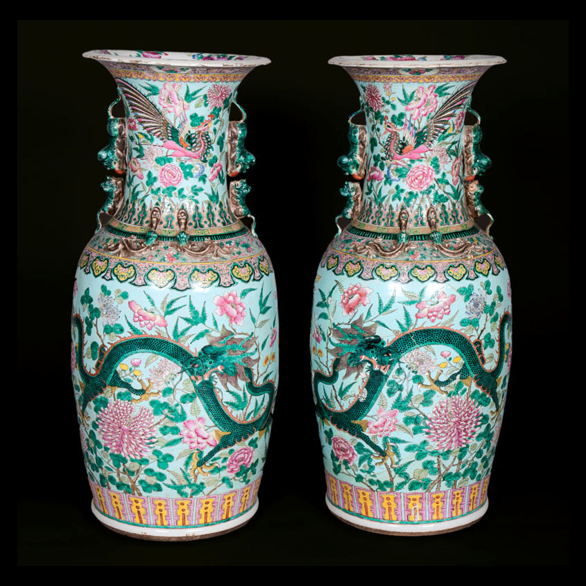 A pair of large famille-rose vases with dragons
