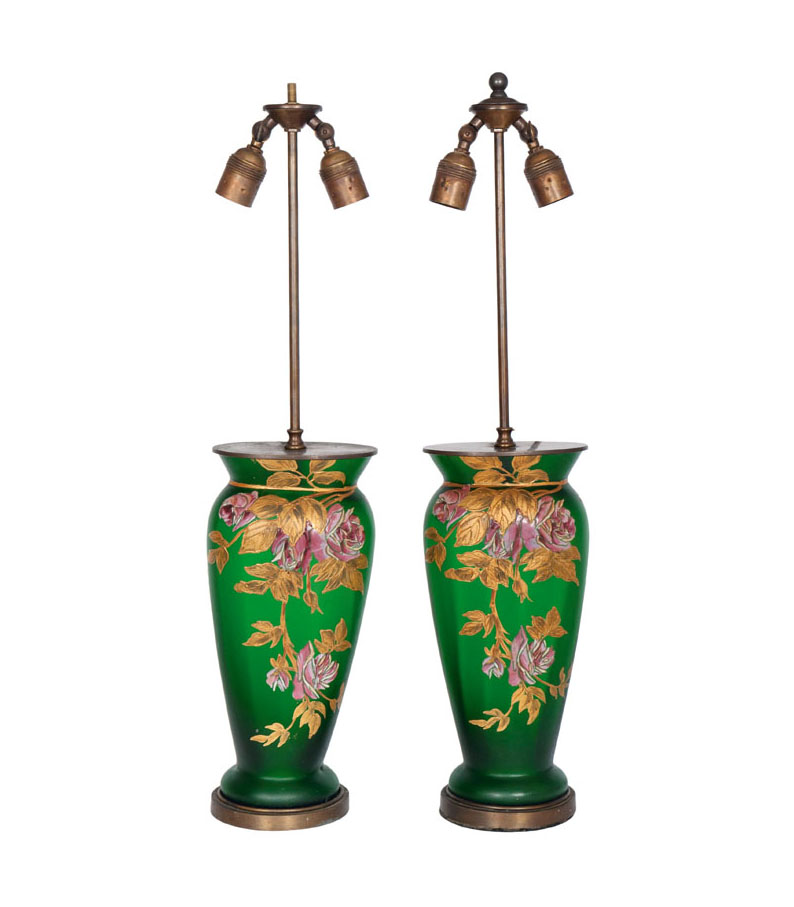 A pair of Art Nouveau glass vases with 'Legras' pattern as table lamps