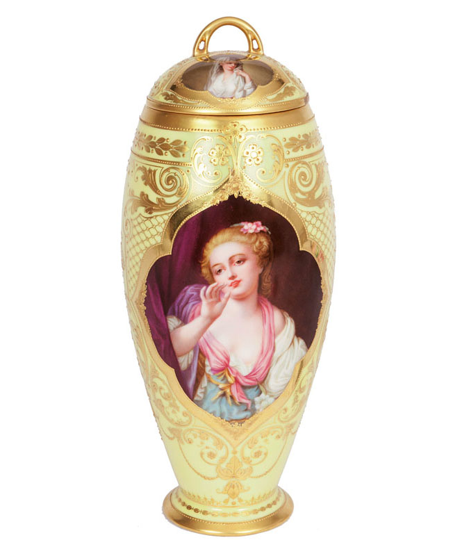 A Dresden lidded vase with portrait painting 'blowing kiss'