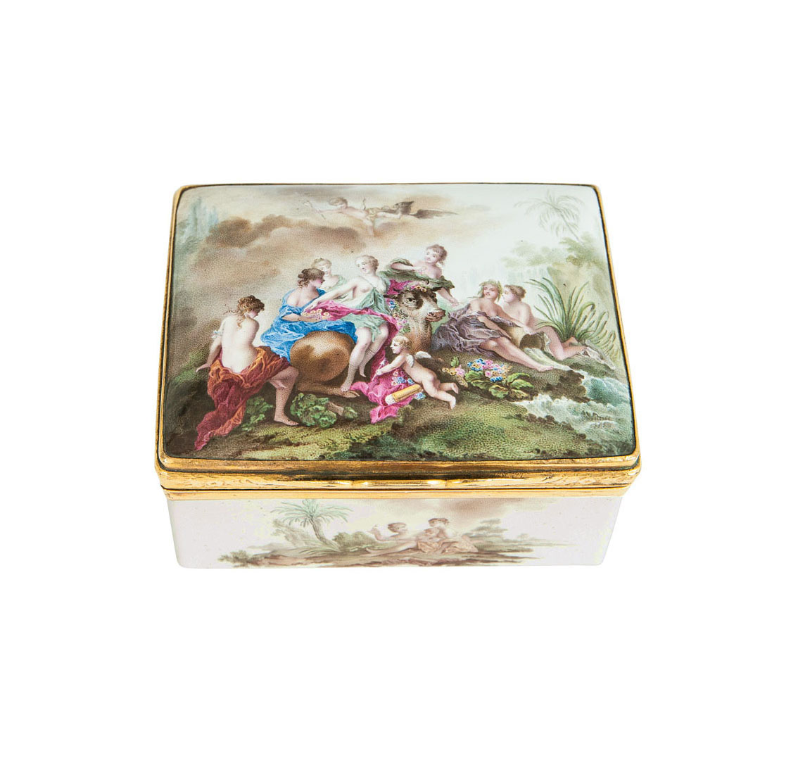 An exquisite enamel-tabatière with 'Europa riding the bull'
