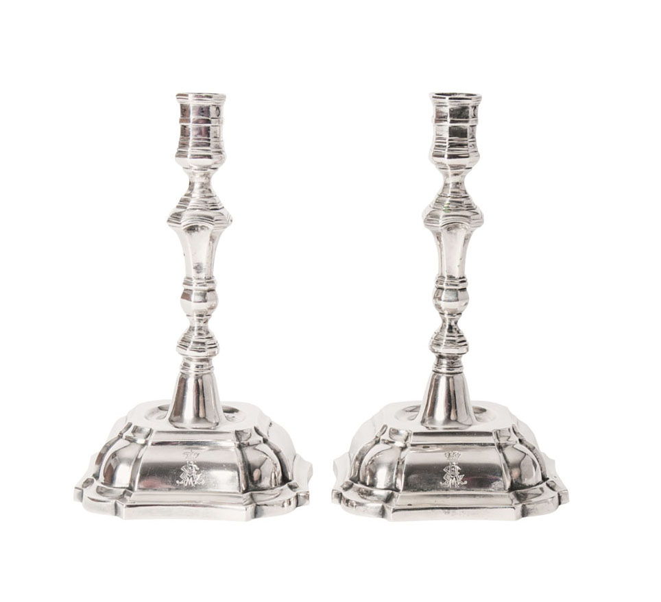 A cortly pair of candlesticks with cypher of Ernest Augustus Prince of Hanover, Duke of Brunswick and Lüneburg
