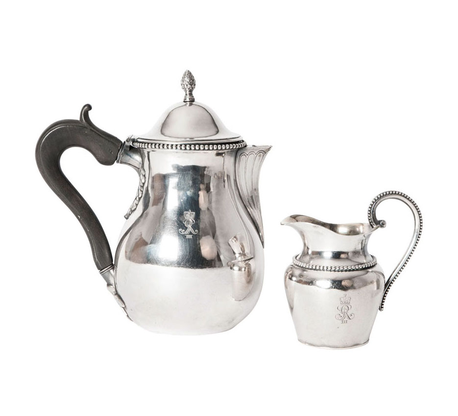 A cortly coffee pot with creamer with cypher of Georg III King of Great Britan and Ireland, Elector and later King of Hanover