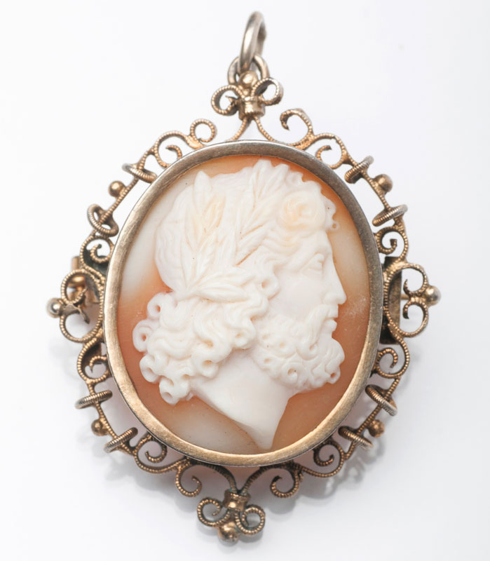 Two cameo brooches 'A lady' and 'Zeus'
