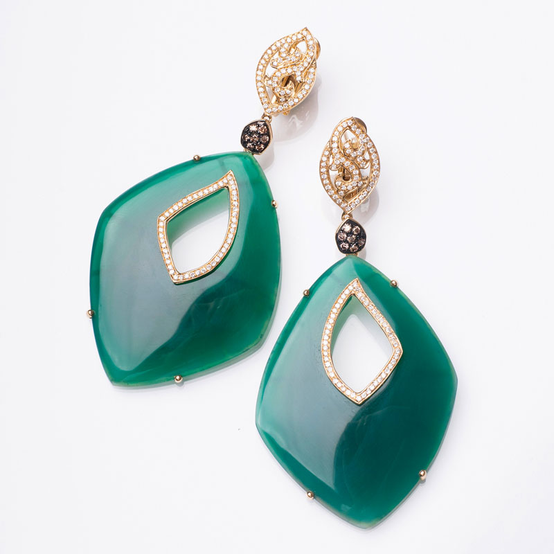 A pair of earpendants with green agate and diamonds