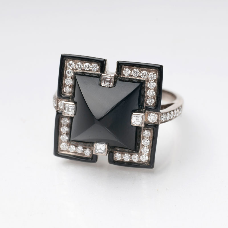 An onyx diamond ring in the style of Art-Déco