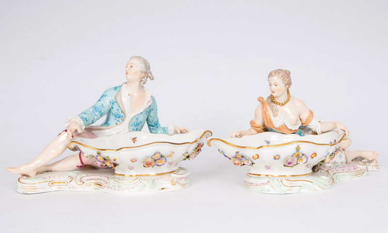 A pair of very decorative confectionary dishes with a cavalier and a lady