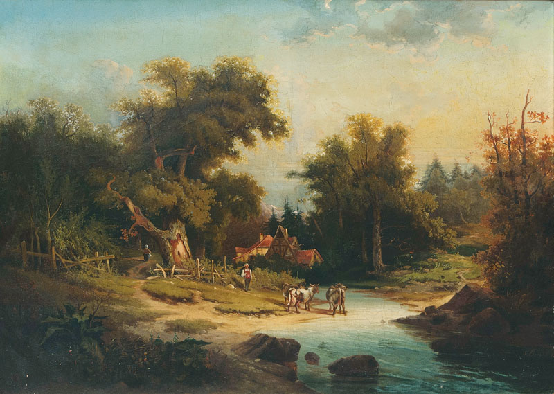 Landschaft mit Gehöft und Kühen am Bach