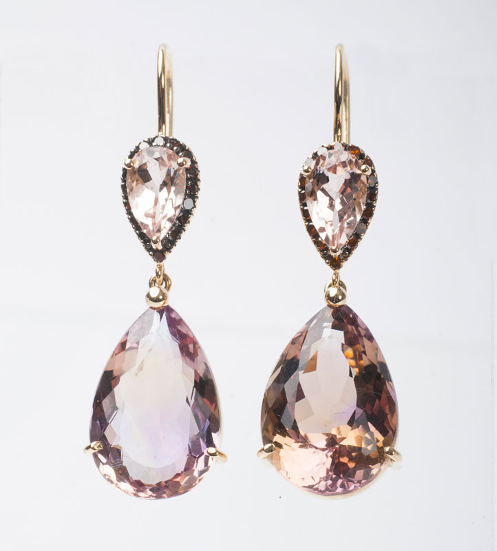 A pair of decorative morganite ametrine earpendants