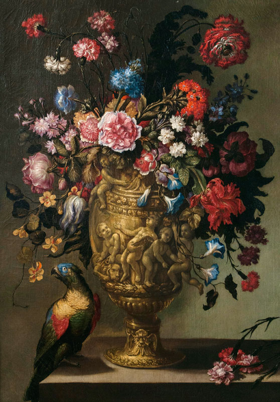 Andrea Scacciati, zugeschr. - Paar Prunkstilleben mit Blumen in Vasen, einem Pagagei und einem Affen Paar Prunkstilleben mit Blumen in Vasen, einem Pagagei und einem Affen