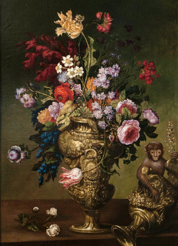 Paar Prunkstilleben mit Blumen in Vasen, einem Pagagei und einem Affen - Bild 2