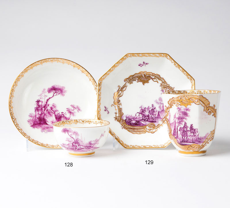 A cup with very delicate riding scenes in purple monochrome
