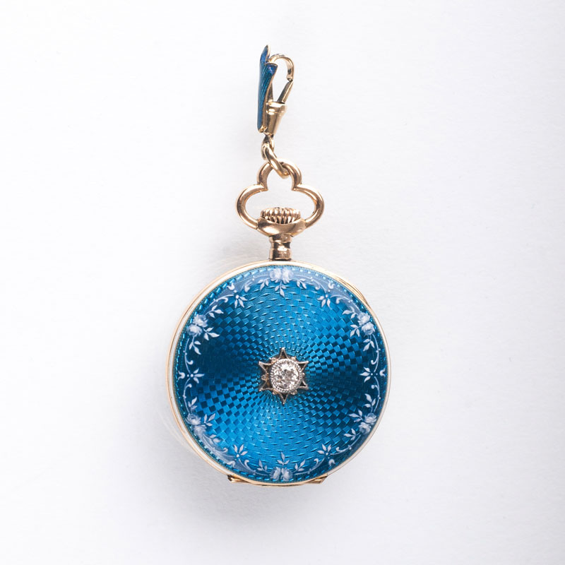 Jugendstil-Anhängeruhr mit Emaille und Altschliffdiamant von Vulcain - Bild 2