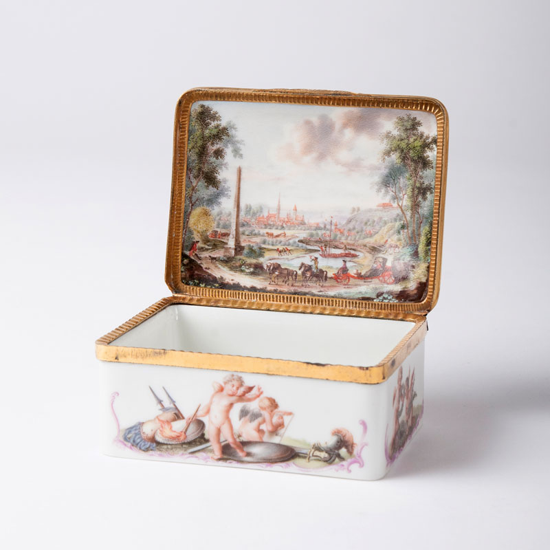 An exquisite tobacco tin with riverscape and allegorical motifs