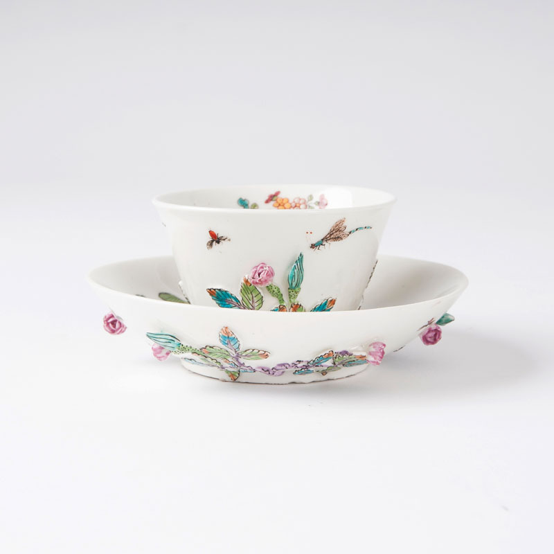 A rare Böttger cup with rose-relief and enamel painting A rare Böttger cup with rose-relief and enamel painting