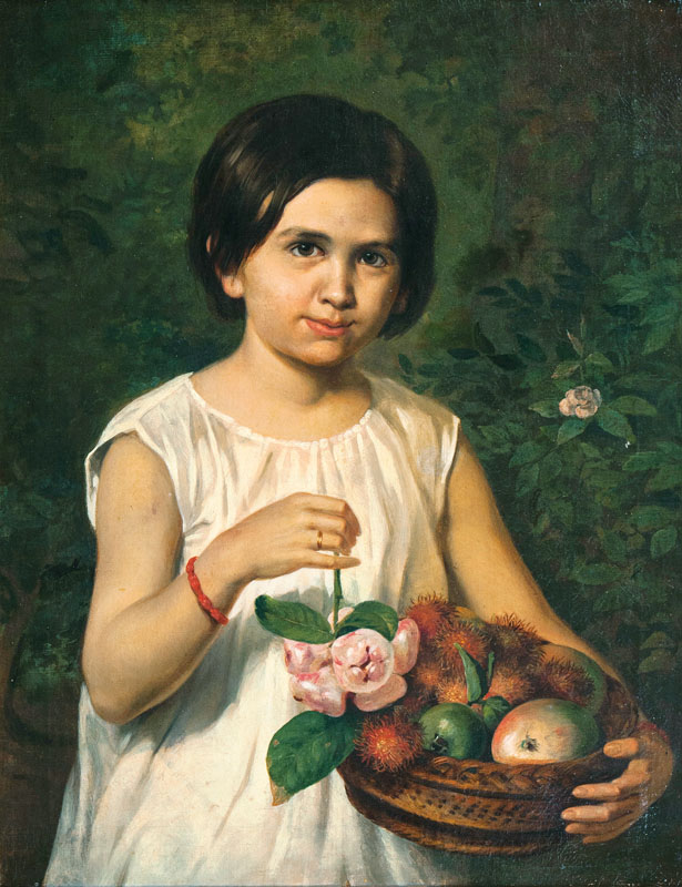 Portrait of an Indonesian Girl holding a Basket with Rambutan, Wax-apples and other Fruits