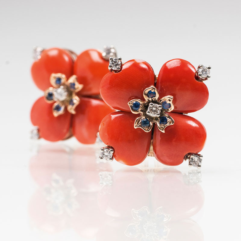 A pair of coral diamond sapphire earrings