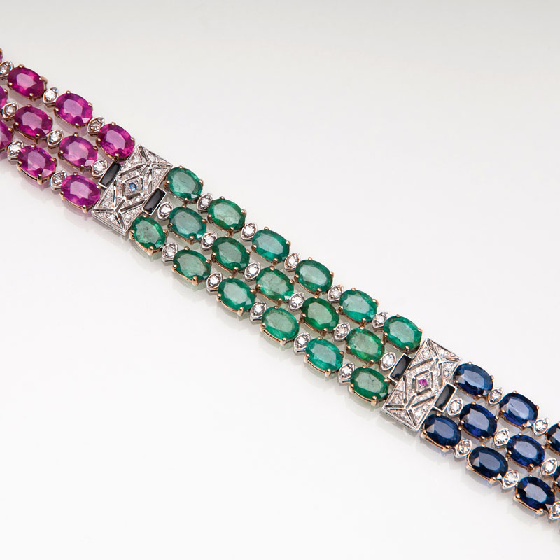 Rubin-Smaragd-Saphir-Armband mit Diamanten im Art-Déco-Stil