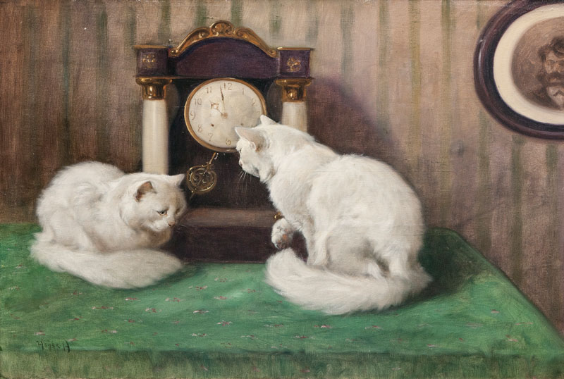 Two Cats playing with a Clock
