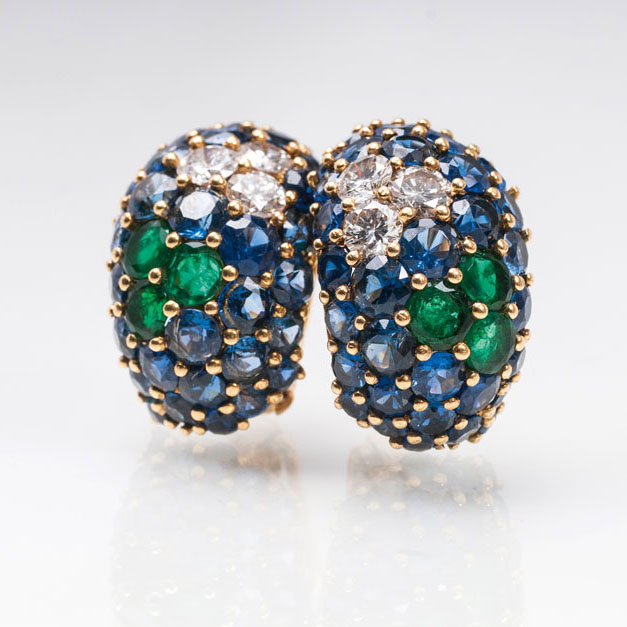 A pair of very fine sapphire emeralds diamond earclips