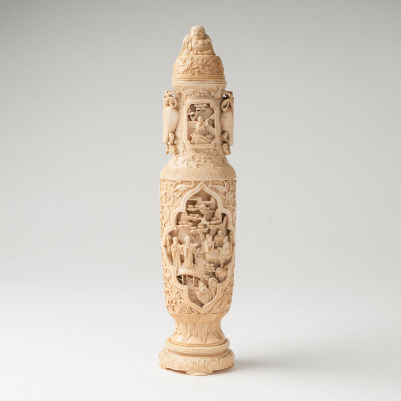 An excellent three-part ivory vase with relief decor