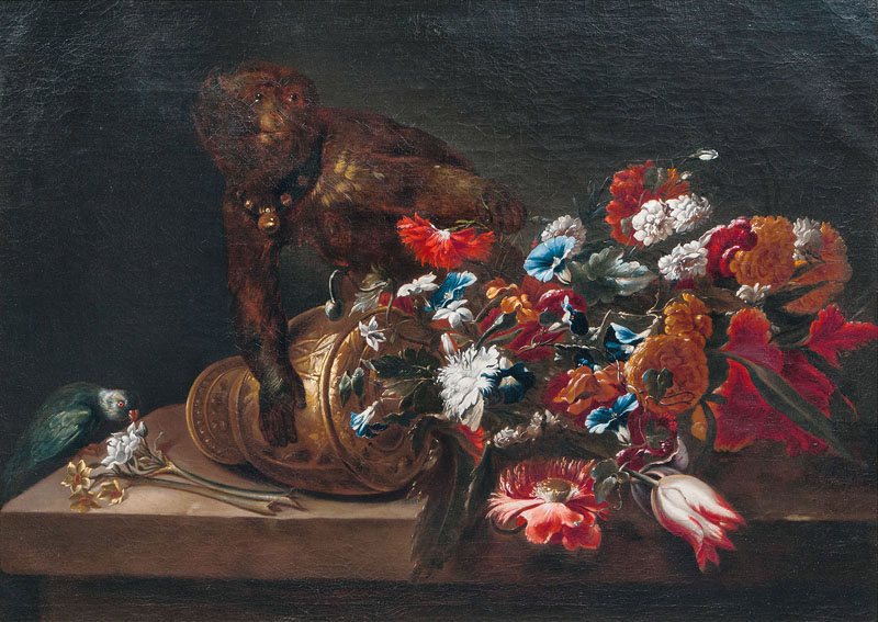 Nicola Casissa, tätig bis 1731 - Still Life with Flowers, a Monkey and a Parrot Still Life with Flowers, a Monkey and a Parrot