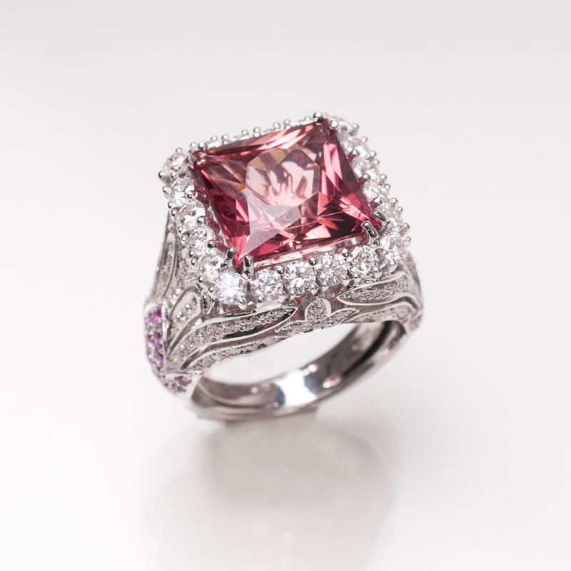 An extraordinary pink tourmaline ring with diamonds