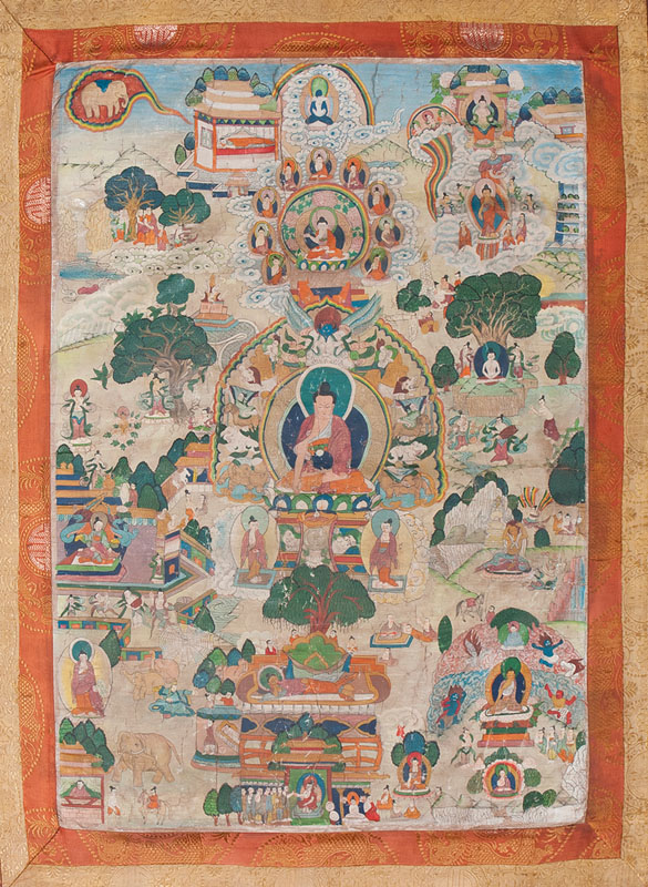 Thangka mit Darstellung der Lebensgeschichte des Buddha 'Shakyamuni'