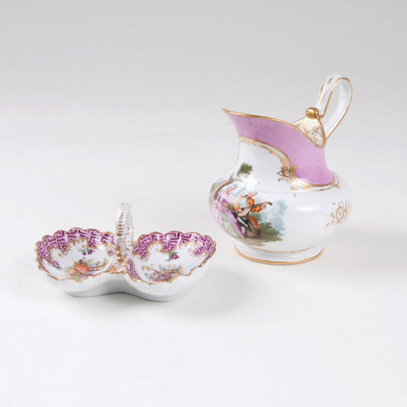 A milk jug and condiment double bowl