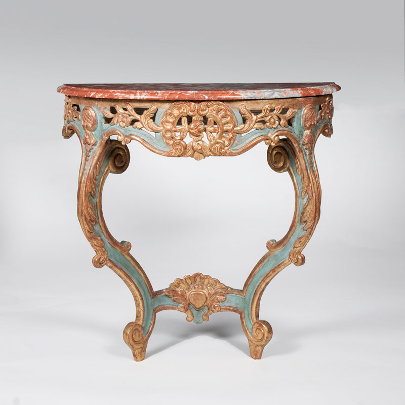 A parcel-gild and blue-painted Rococo console table